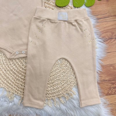Conj. de Malha 3 peças - Flores de Corações com Strass - Areia e Off White